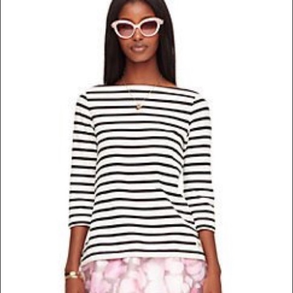 Kate Spade Stripe Brooke Street Ruffle Blue & Cream Pima Cotton Top Large - Picture 2 of 9